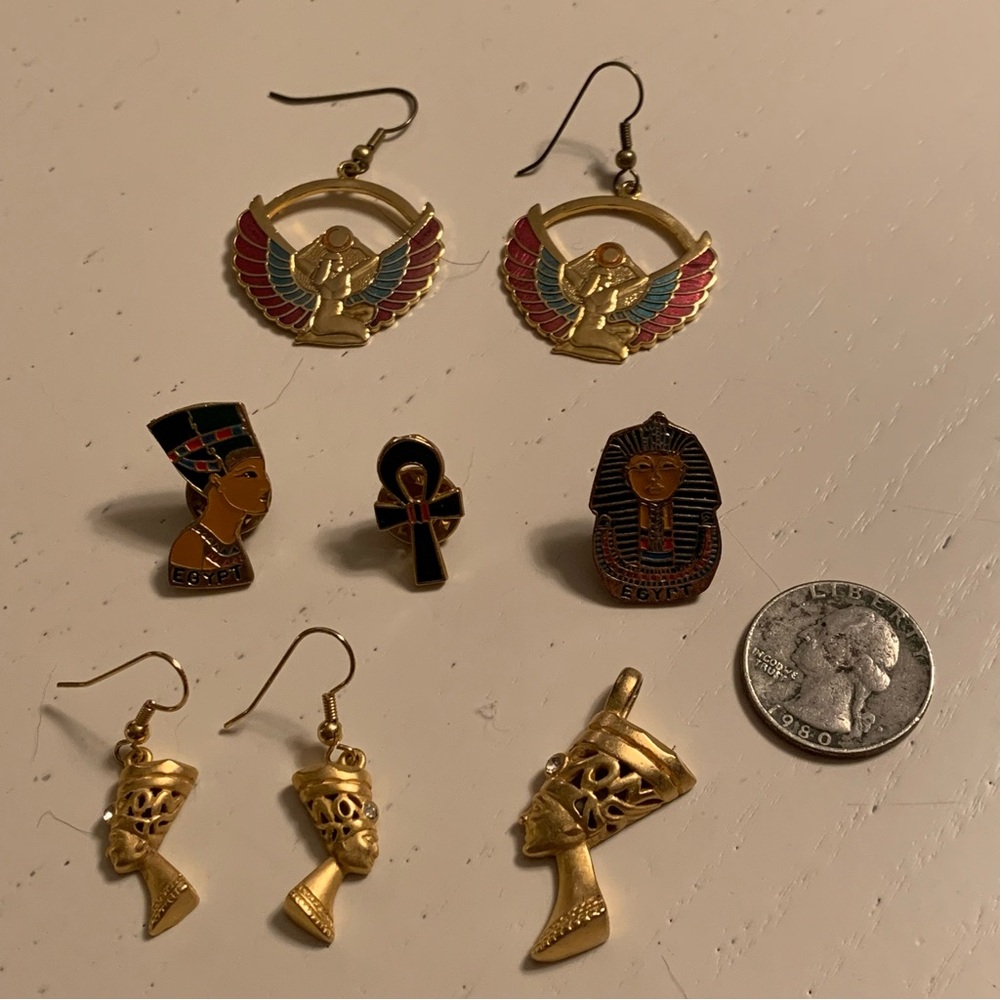 Egyptian Themed Gold and Multicolor Bundle Earrings, Pins, Pendant Set
